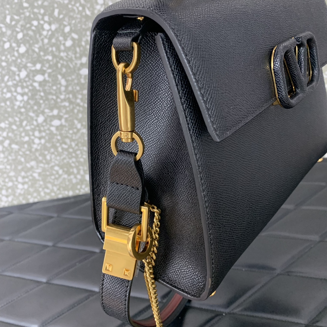 Valentino Garavani Vsling Medium Handbag in Black Grainy Calfskin 